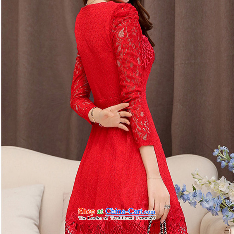 Load New autumn 2015 Korean version of wedding lace round-neck collar long-sleeved dresses dress red XXL, incense GOLAN (XGN) , , , shopping on the Internet