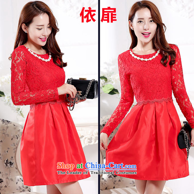 In accordance with the 2015 autumn stylish lonesome cottage dresses temperament lace hook flower engraving red elegant creases dress dresses female 1598  XL, in accordance with the check has been pressed red shopping on the Internet