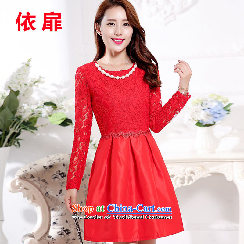 In accordance with the 2015 autumn stylish lonesome cottage dresses temperament lace hook flower engraving red elegant creases dress dresses female 1598  XL, in accordance with the check has been pressed red shopping on the Internet