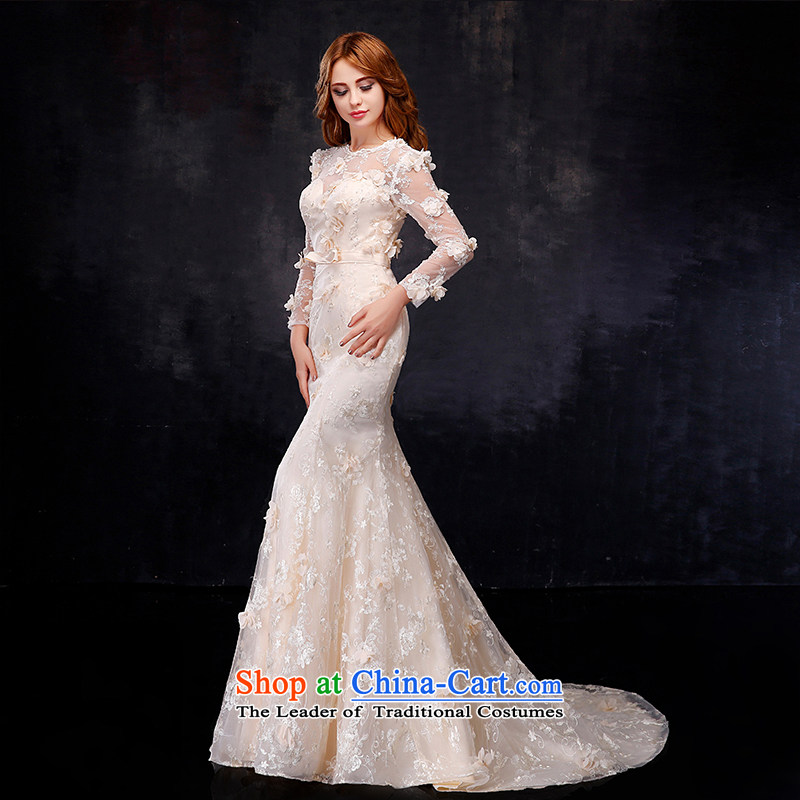 Embroidered is the new Korean brides 2015-dimensional flowers shoulders crowsfoot champagne color wedding dresses in the main picture style XL, is by no means a bride embroidered shopping on the Internet has been pressed.