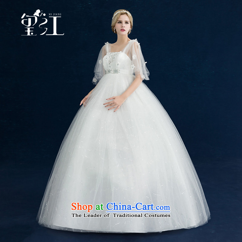 Seal Jiang pregnant women high wedding dresses waist 2015 autumn and winter new Korean style to align graphics thin large word shoulder bride wedding dress female white XL, seal has been pressed Jiang shopping on the Internet