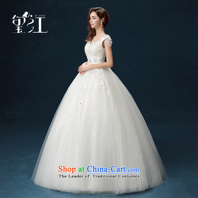 Jiang wedding dresses seal 2015 autumn and winter Korean word shoulders bride wedding dress skirt white lace foutune straps to align the large bon bon skirt wedding female white M seal Jiang shopping on the Internet has been pressed.