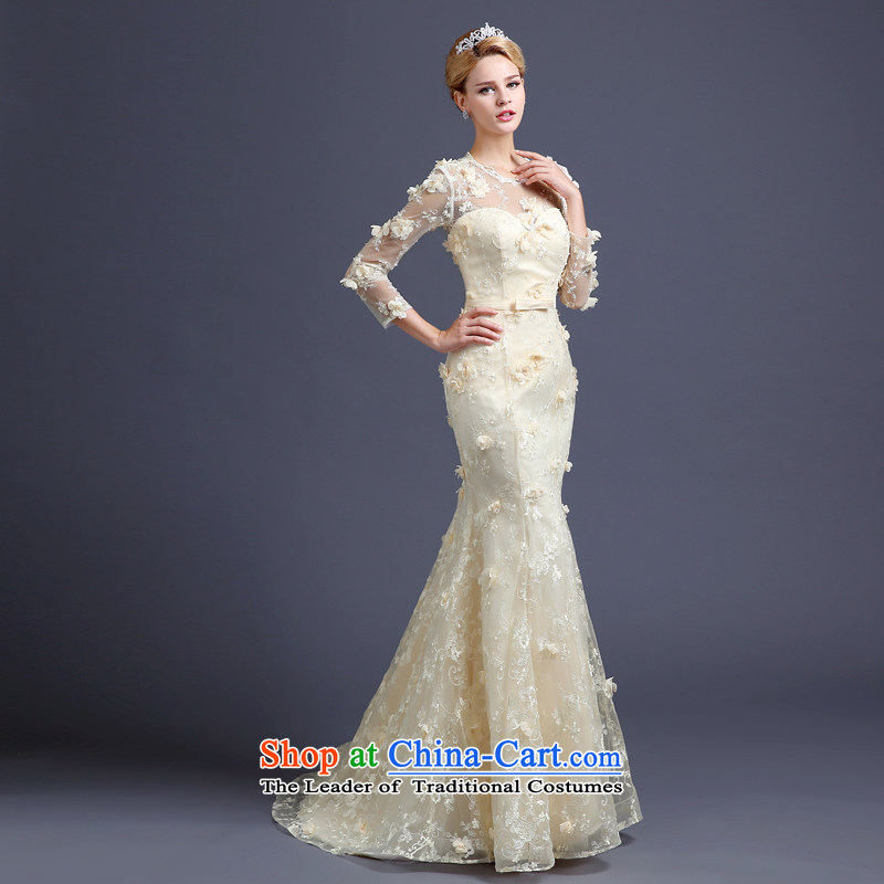 Each new Korea 2015 Ni-dimensional flowers shoulders crowsfoot small trailing wedding champagne color long-sleeved autumn and winter wedding dress champagne color XL, every stephanie (JIAONI) , , , shopping on the Internet