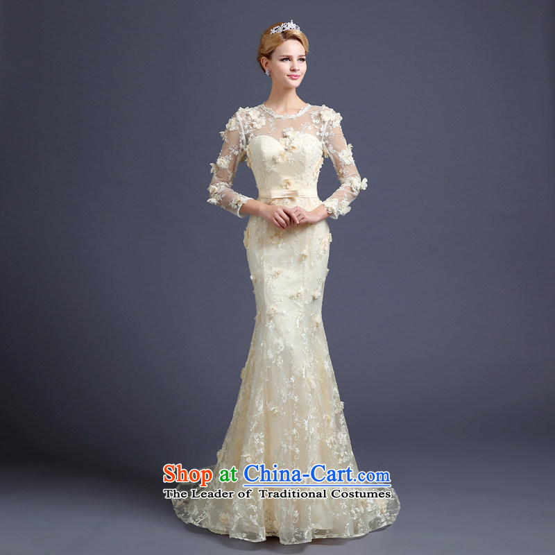 Each new Korea 2015 Ni-dimensional flowers shoulders crowsfoot small trailing wedding champagne color long-sleeved autumn and winter wedding dress champagne color XL, every stephanie (JIAONI) , , , shopping on the Internet