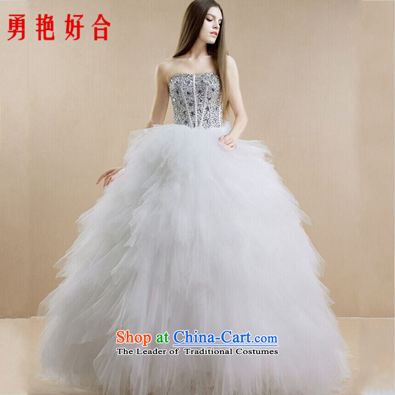 Yong-yeon and 2015 NEW STYLISH diamond wiping the chest type long tail feathers of the brides dress to court straps wedding White?M