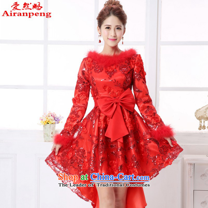 2015 Winter, married women serving drink red dress Sau San video thin shoulders in Sleeve V-Neck long gown XL