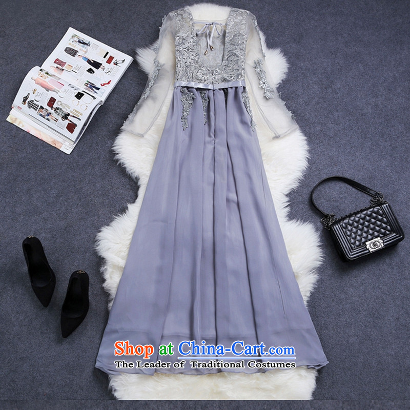 Yuan Yi Library autumn and winter heavy industry embroidery on chip beaded dresses long-sleeved gown skirt 9057 Back Light Gray , Yuan Yi Library (YUANYIKU) , , , shopping on the Internet