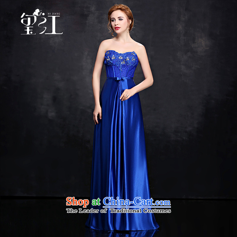 Seal Jiang evening dresses 2015 winter bridesmaid dress wedding dresses and chest bows red blue long gown Sau San video thin blue B) Female dress XL, seal has been pressed Jiang shopping on the Internet