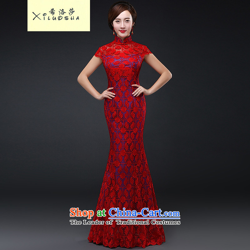 Hillo XILUOSHA_ Lisa _qipao skirt red 2015 bride new autumn marriage services、Qipao Length of bows Sau San Chinese Dress lace red XL