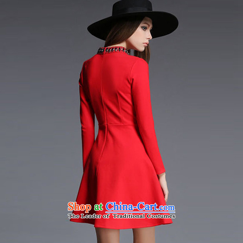 New Women's autumn missdonut2015 stapled pearl diamond collar nets stitching long-sleeved Foutune of dresses red m,missdonut,,, shopping on the Internet