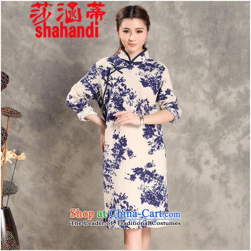 Elizabeth covered by the 2015 autumn and winter Opertti female new cotton linen retro-republic of korea classical style qipao gown buttoned, manually drive female white M