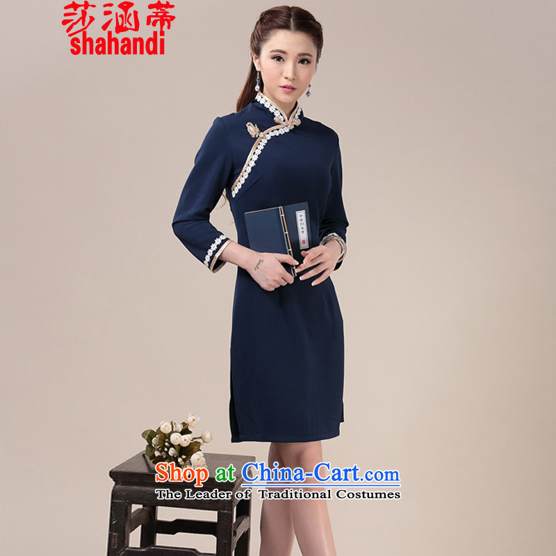 Elizabeth covered by the 2015 autumn and winter Opertti female new daily knitting sweet arts cheongsam dress ethnic antique dresses dress female Blue M