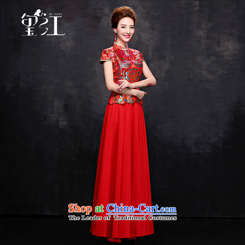 Seal Jiang marriages bows serving Chinese Dress 2015 Winter Package shoulder collar short-sleeved red long chiffon dress Sau San video thin stealth zipper red tailored, seal has been pressed Jiang shopping on the Internet