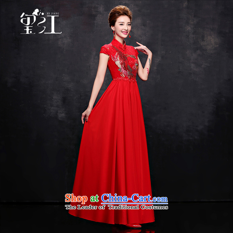 Seal the bride Chinese cheongsam dress Jiang 2015 autumn and winter wedding dress bows to red lace short-sleeved long collar shoulder stealth zipper dress package female Red Seal S, President Jiang has been pressed shopping on the Internet
