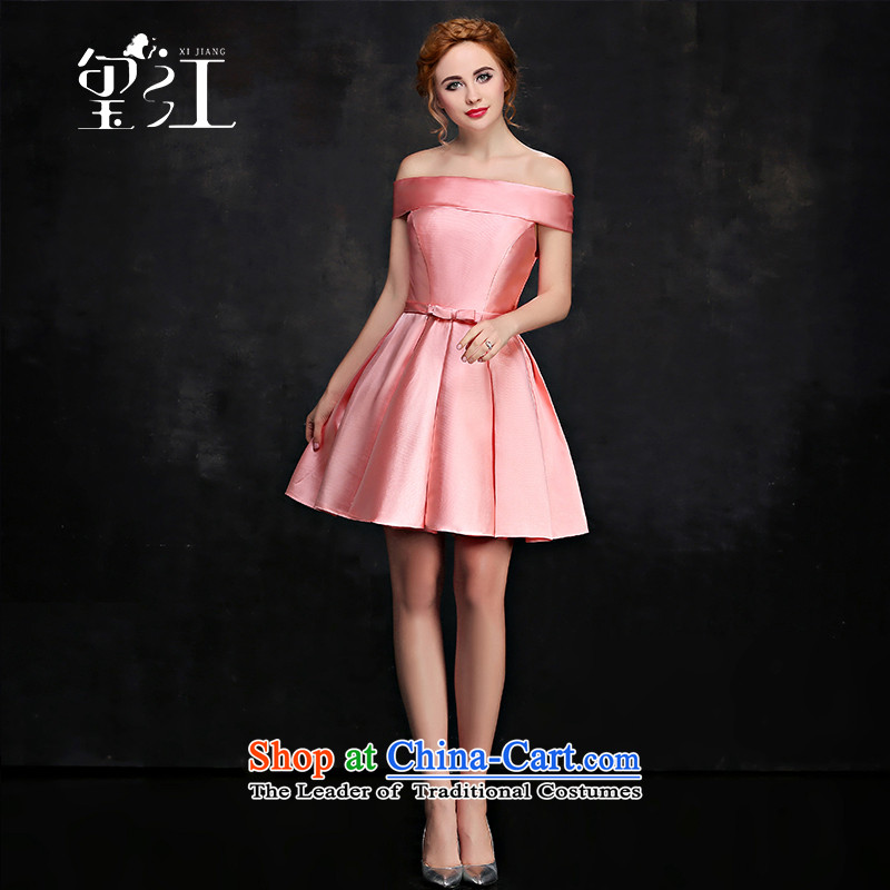 Jiang bridesmaid dresses seal 2015 autumn and winter Korean word shoulder shoulders dress and short of pink color small dress sister skirt banquet moderator evening dresses female pink L