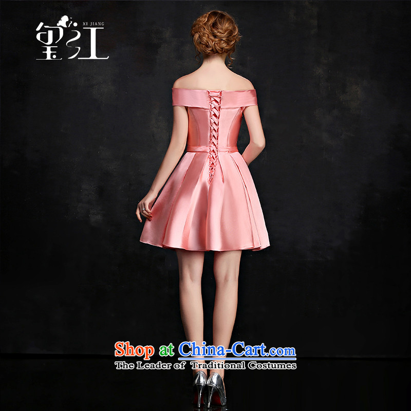 Jiang bridesmaid dresses seal 2015 autumn and winter Korean word shoulder shoulders dress and short of pink color small dress sister skirt banquet moderator evening dresses female pink , L, seal has been pressed Jiang shopping on the Internet