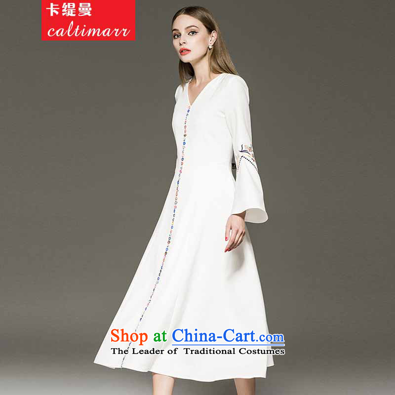 Card as the Cayman angelababy Yang Ying stars of the same embroidery horn Sleeve V-Neck dresses dress long skirt autumn  8FFM white S Card (caltimarr economy) , , , shopping on the Internet