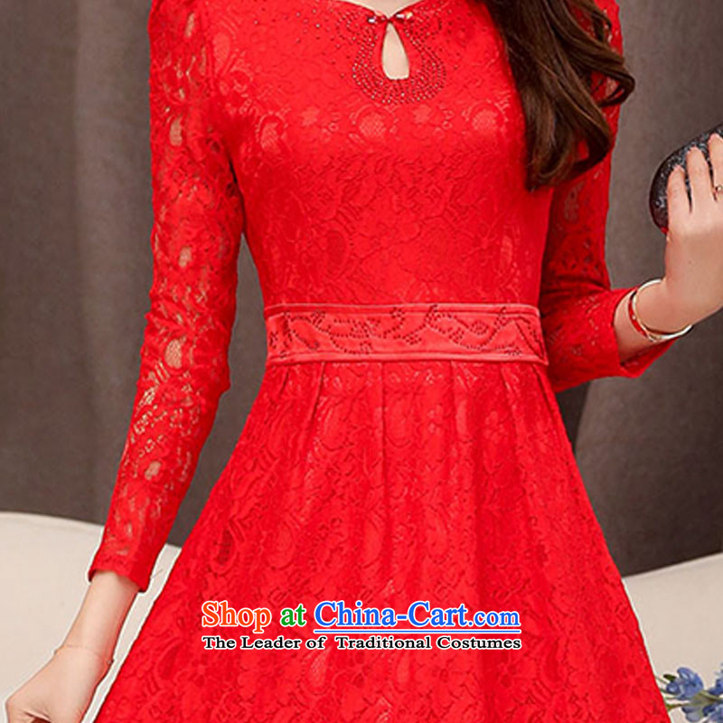 On Korean-language of autumn and winter new magenta engraving lace hook flower bride the lift mast bridesmaid dresses serving bows wedding short of marriage long-sleeved dresses female red 1526 M, Arabic-on , , , shopping on the Internet