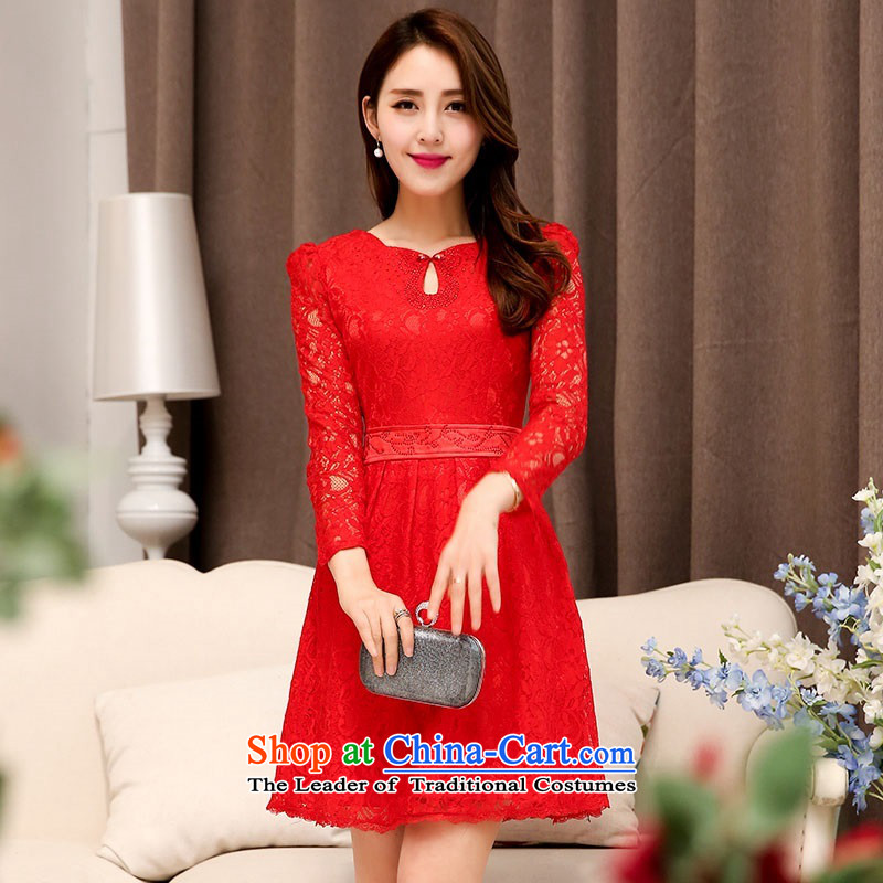 2015 Autumn and Winter Ms. New Red Chinese collar long-sleeved bridal dresses evening dresses Sau San video thin Foutune of Princess Bride skirt lace hook flower bon bon Skirts 1 red L,uyuk,,, shopping on the Internet