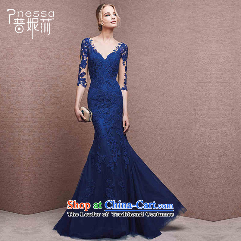 The new 2015 divas banquet evening dresses long blue v-neck shoulders moderator dress female betrothal crowsfoot Foutune of blue , Republika Srpska (pnessa divas) , , , shopping on the Internet