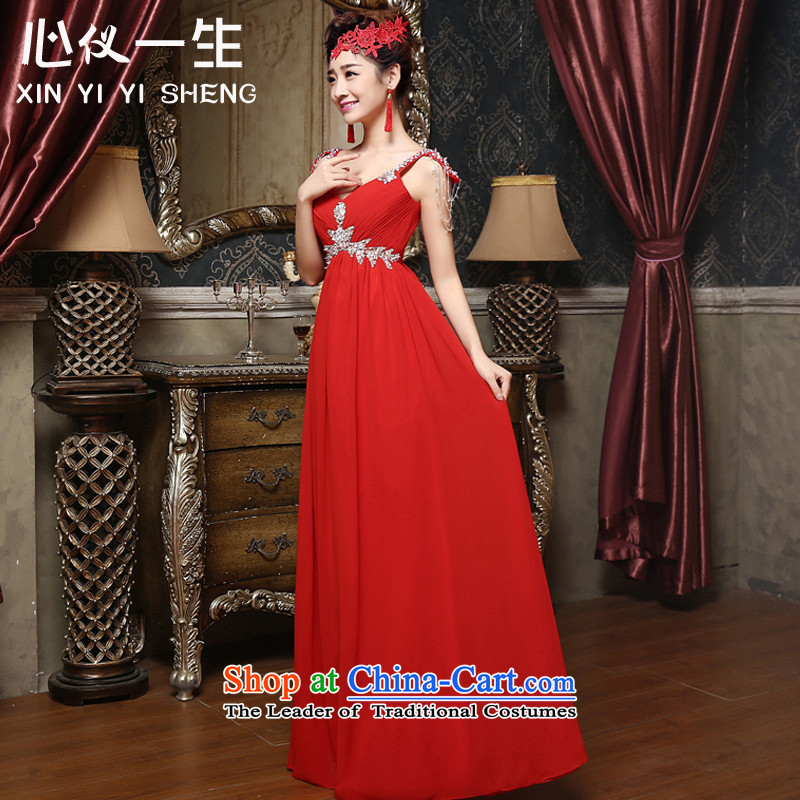 A heart is the bride wedding dress 2015 new stylish banquet evening dress long lifting strap shoulders dress skirt Korean style serving red S Sau San bows heart is a lifetime (xinyiyisheng) , , , shopping on the Internet
