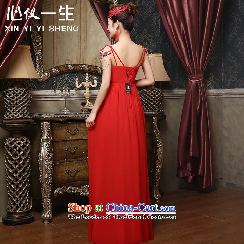 A heart is the bride wedding dress 2015 new stylish banquet evening dress long lifting strap shoulders dress skirt Korean style serving red S Sau San bows heart is a lifetime (xinyiyisheng) , , , shopping on the Internet