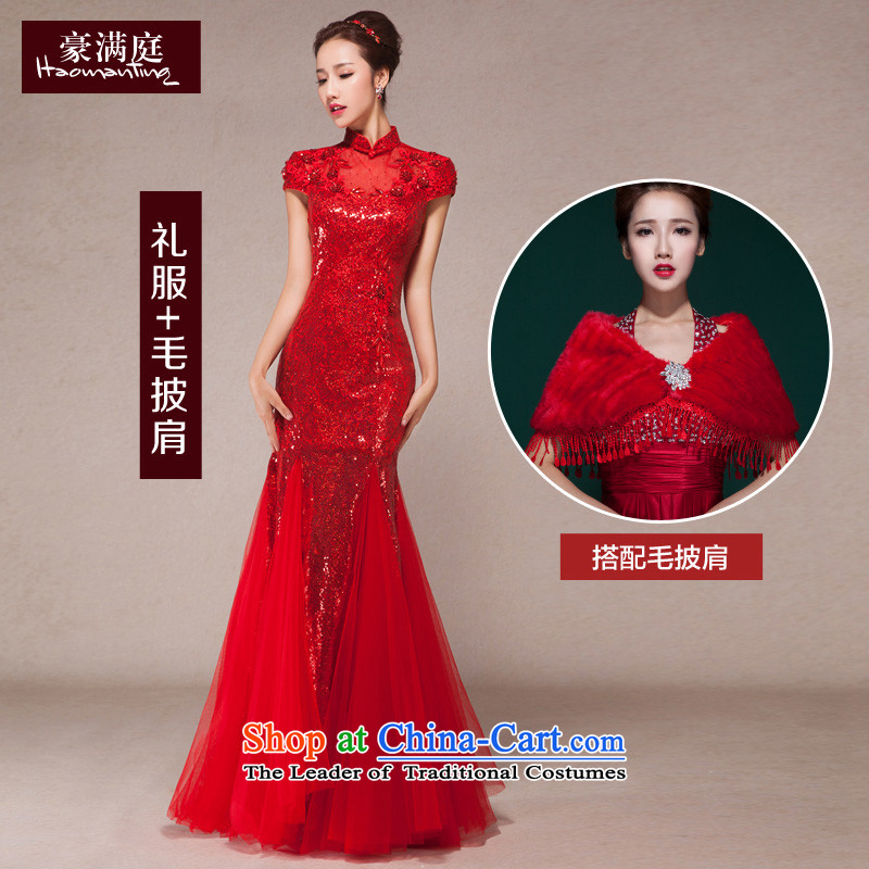 2015 New Red Dress bride bows services crowsfoot cheongsam long marriage Sau San performance evening dresses dresses banquet + gross shawl 2 S