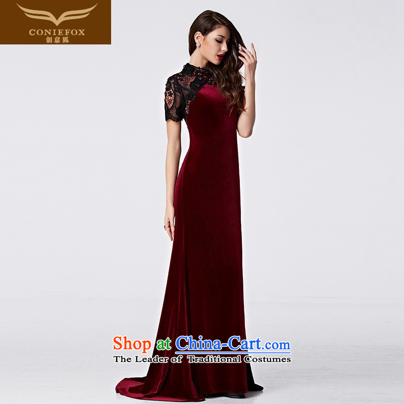 Creative Fox stylish lace bridal dresses evening drink services under the auspices of the annual session will dress banquet long wool tail dress long skirt 31089 black sleeve red XXL pre-sale, creative Fox (coniefox) , , , shopping on the Internet