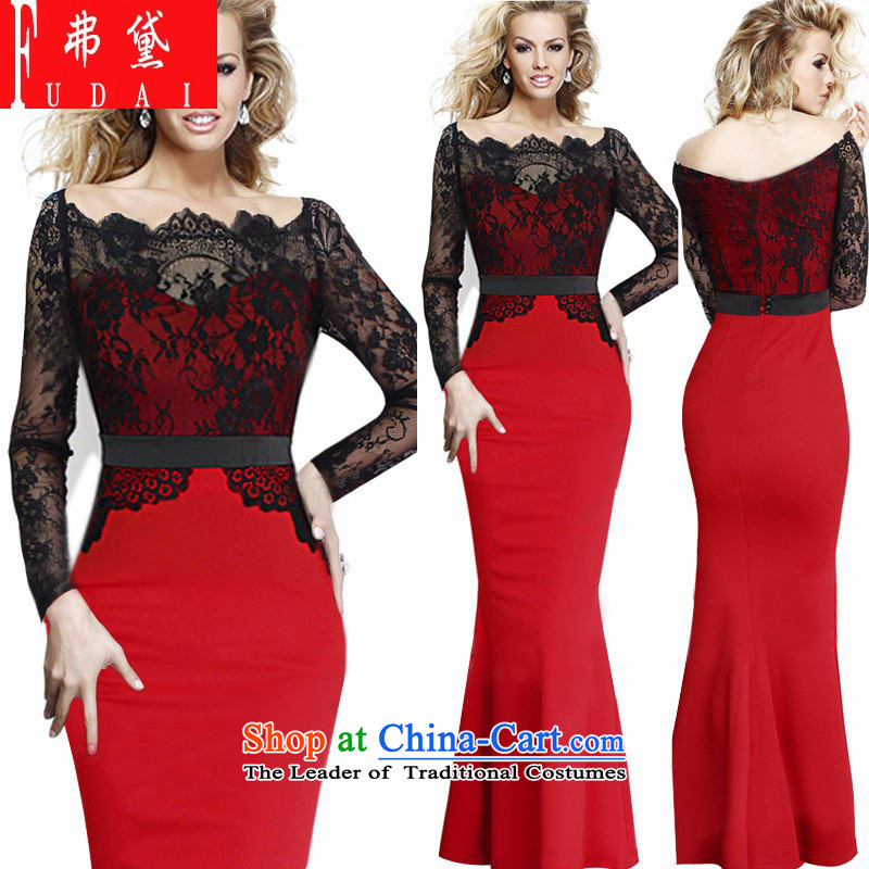 Francis Doi 2015  explosions of lace stitching long-sleeved gown skirt Sau San crowsfoot dresses Large Black + Red2XL