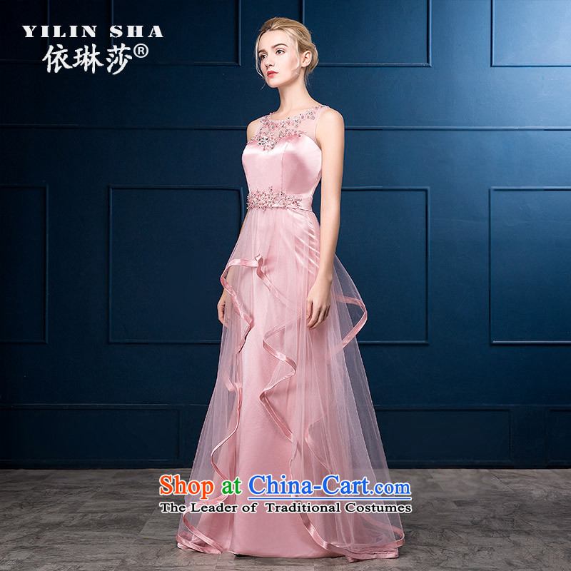 According to Lin Sa 2015 autumn and winter new bride bridesmaid bows to female evening banquet marriage pink small trailing evening dress skirt pink S