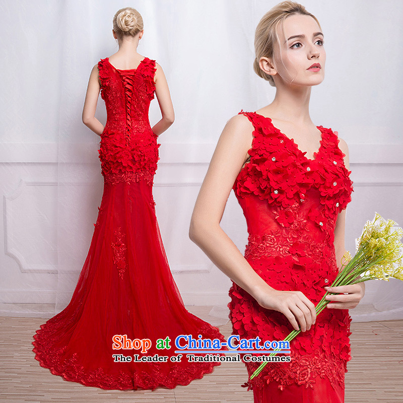 According to Lin Sha evening dresses new 2015 autumn and winter red marriage bows services Sau San crowsfoot flowers dress long red tailored consulting customer service