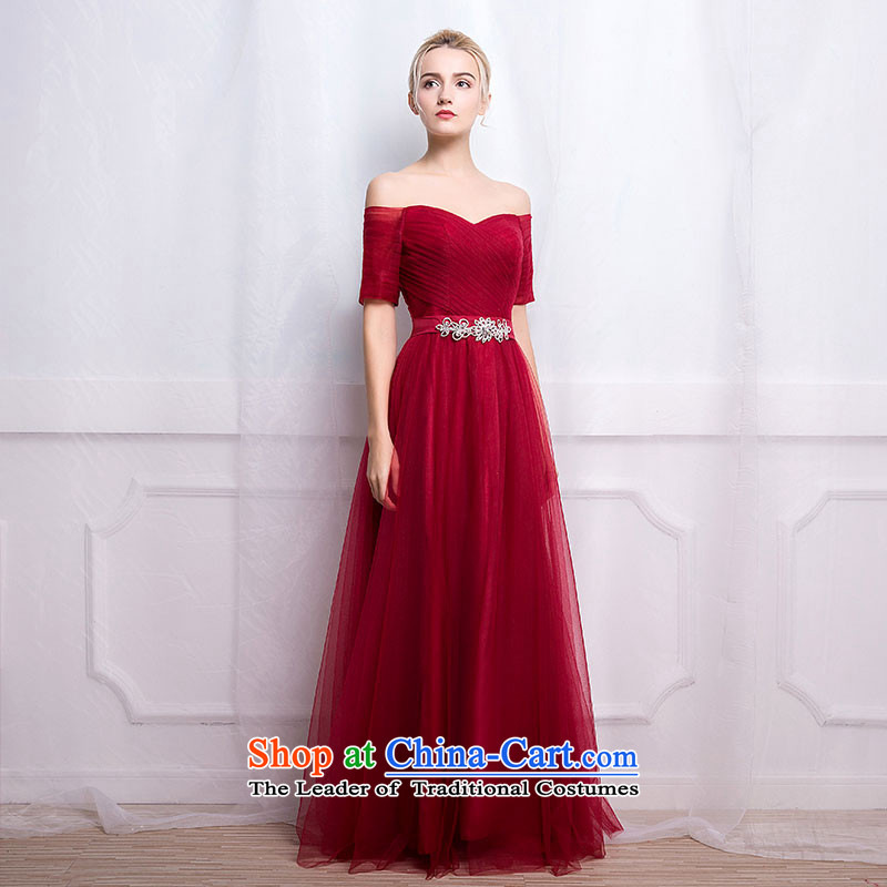 According to Lin Sha evening dresses 2015 autumn and winter new Korean simple word graphics thin shoulders banquet hosted wine red long drink Service M