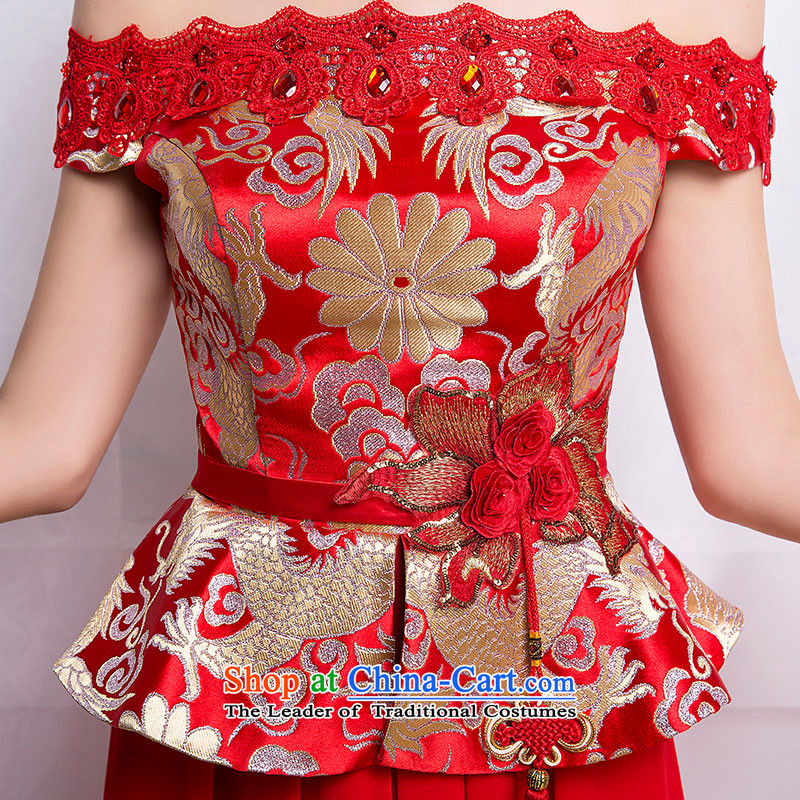 According to Lin Sha 2015 new chinese red color bows Service Bridal long word shoulder Sau San crowsfoot qipao wedding dress according to Lin Sha female XL, , , , shopping on the Internet