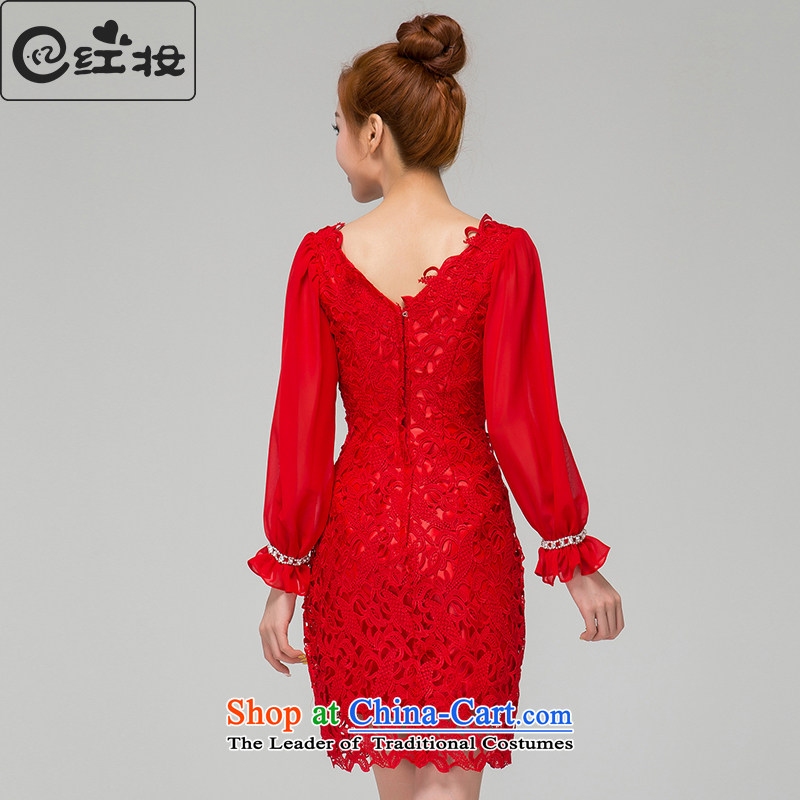 Recalling that hates makeup and spring and summer bride wedding dress new stylish Sau San V-Neck red lace bridesmaid short, long-sleeved clothing L13771 bows red , L, recalling that hates makeup and shopping on the Internet has been pressed.
