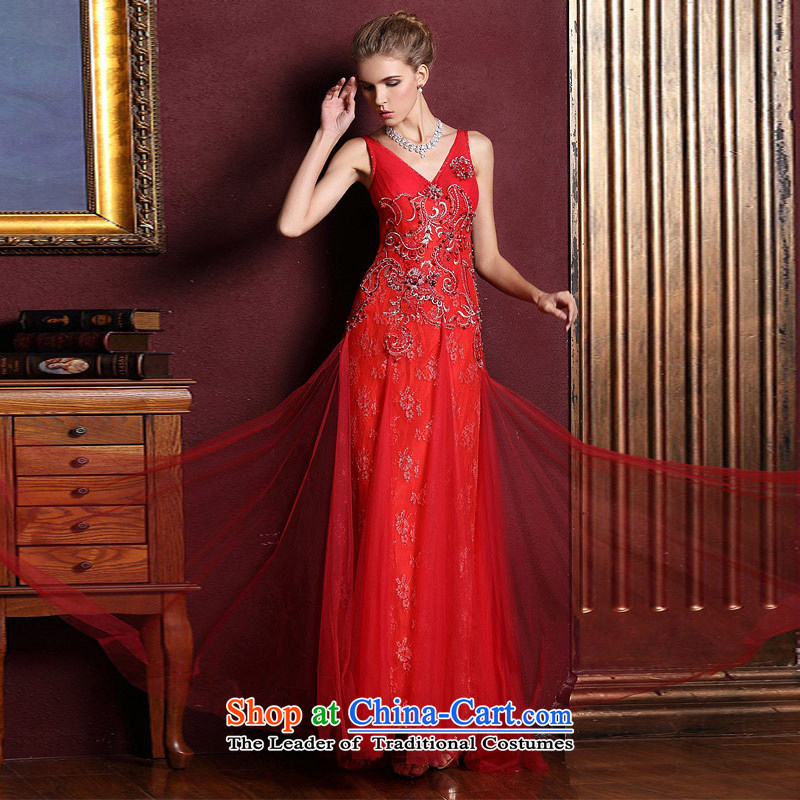 A bride wedding dresses new 2015 deep V-Neck Strap Red Dress marriage bows evening dresses 828 M, a bride shopping on the Internet has been pressed.