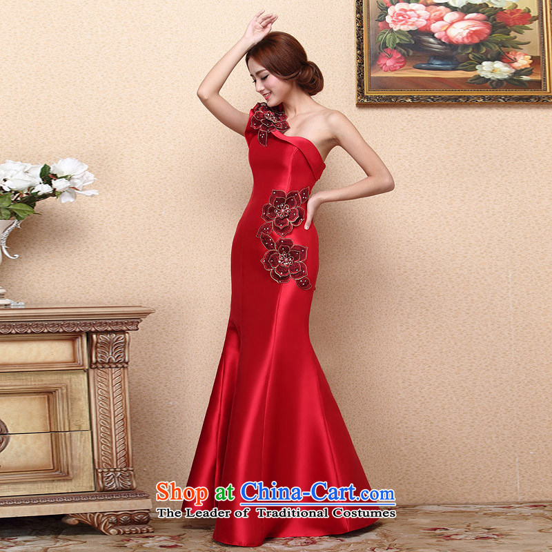 Name the new 2015 bride door stylish red bows dress classic one-shoulder dress crowsfoot dress 663 L, a bride shopping on the Internet has been pressed.