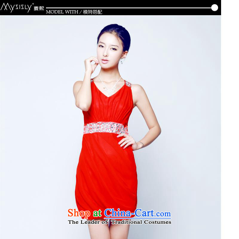 2014 new mak-hee elegance Red Dress Short of marriage bows bridesmaid to skirt water drilling, RedS_155 decorated short