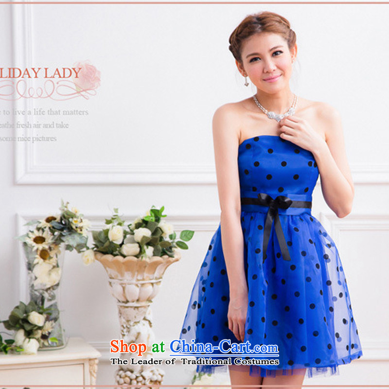 The end of the light _MO_ Korean small QIAN dress bridesmaid banquet dress classic flocking wave point dresses foreign trade dress 2312 Blue XL