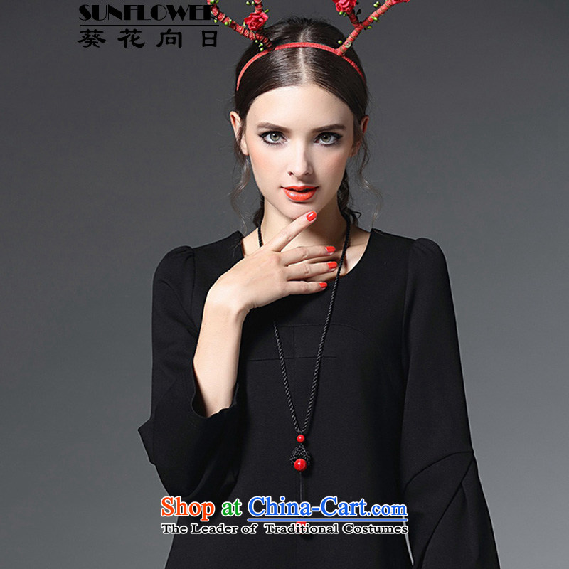Sunflower Muko Couture fashion round-neck collar solid color loose version of the bubbling horn cuff long-sleeved apron skirt 51361 Black XL, sunflower Muko , , , shopping on the Internet