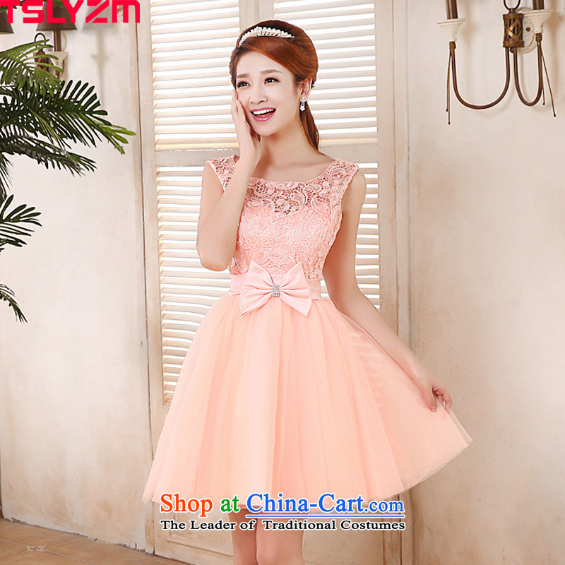 The Korean version of the new 2015 tslyzm of autumn and winter evening dresses bridesmaid dress package shoulder lace short skirt sister Princess_ bridesmaid skirt large dinners video thin pink?S