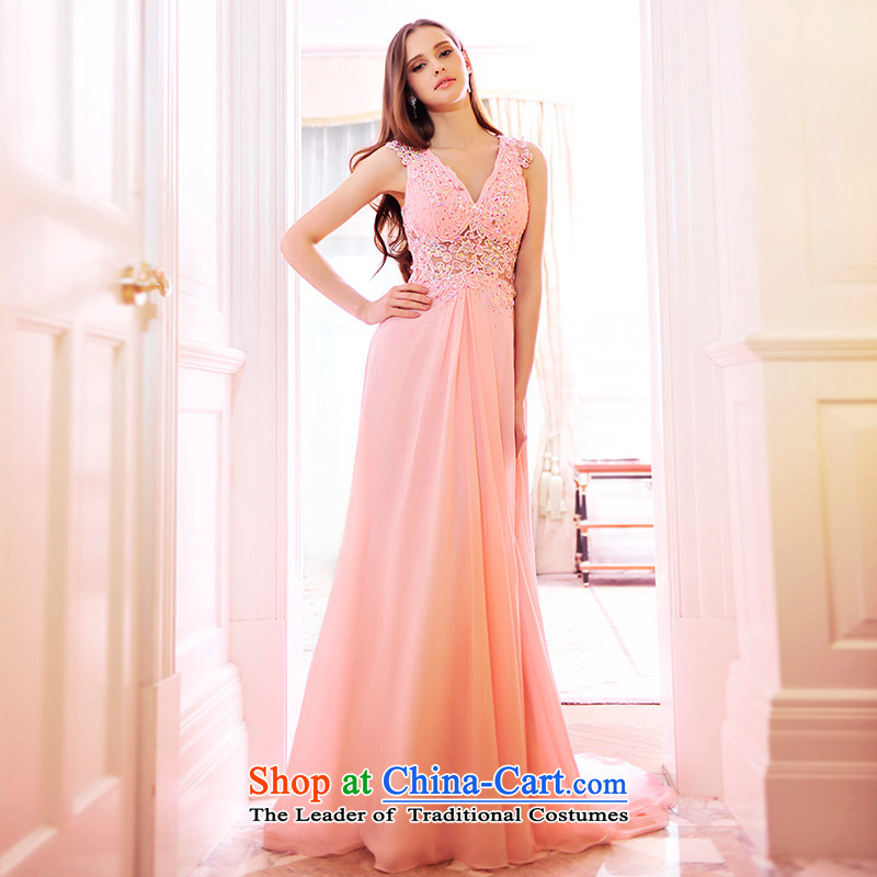 Full Chamber Fong MTF 2015 Spring New drape bride wedding dresses V-Neck chiffon lace marriage bows serving light pink?173-S