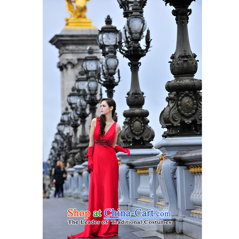 Full Chamber Fong big luxury 2015 new sexy deep V-Neck emulation silk dress uniform girdles bows L3001 dark red tail 30cm 165-M, full Chamber Fong shopping on the Internet has been pressed.