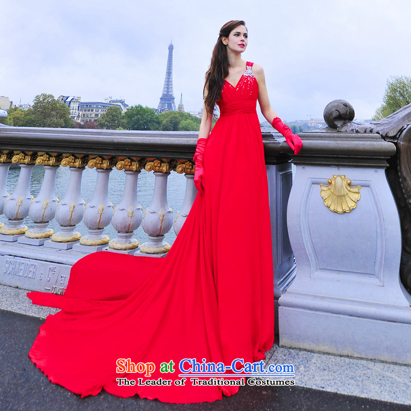 Full Chamber Fang 2015 new flash drill shoulders with deep V-Neck bridal dresses toasting champagne evening dress banquet service L3002 Red?50cm tail tailored