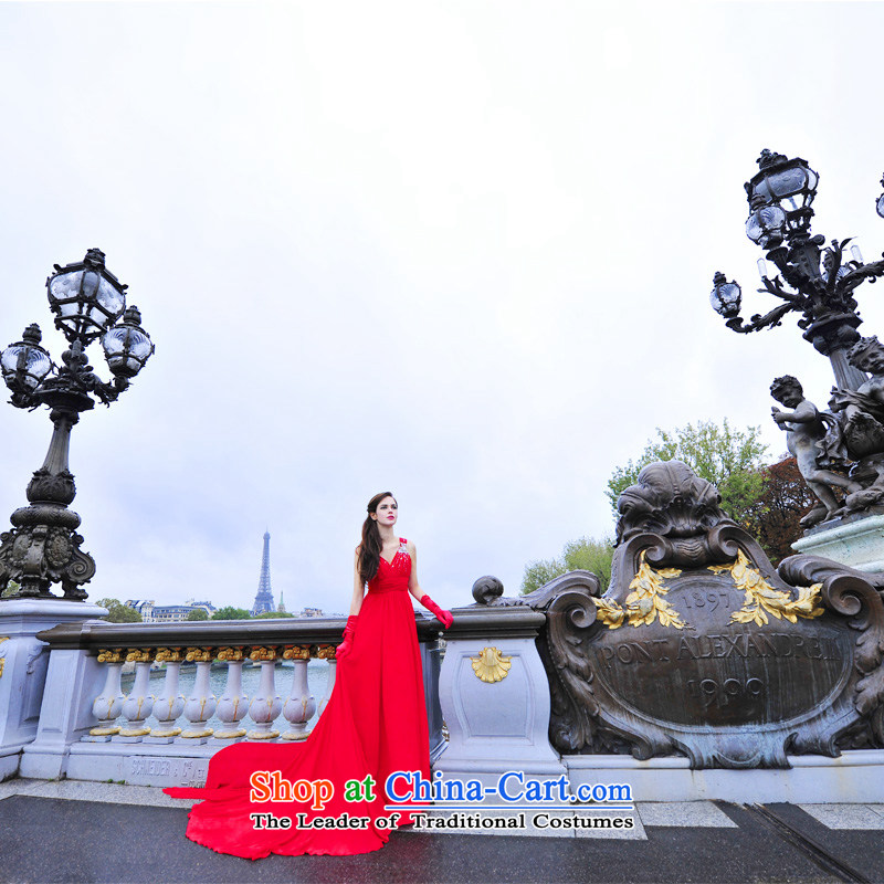 Full Chamber Fang 2015 new flash drill shoulders with deep V-Neck bridal dresses toasting champagne evening dress banquet service L3002 Red 50cm tail tailored, full Chamber Fong shopping on the Internet has been pressed.