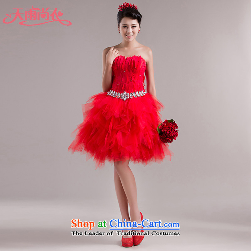 Rain-sang yi new bride wedding dresses bridesmaid dresses, short diamond feather dress LF98 performances dress red?S