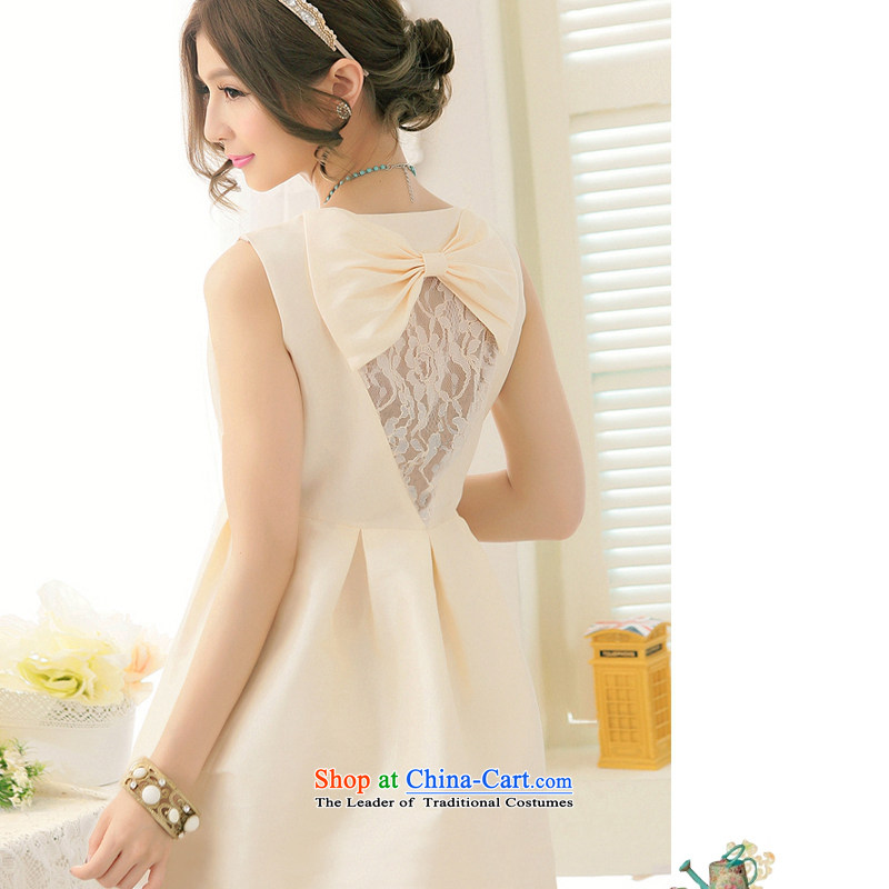 The end of the light (MO) Tanny American QIAN simple and refreshing waist wrinkles back twine bow knot bon bon small dress ocean skirt dresses apricot color light at the end of S, shopping on the Internet has been pressed.