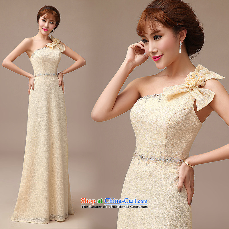 In spring and summer 2015 new elegant shoulder marriages bows dress long champagne color lace evening dress champagne color S, plumbing, , , , shopping on the Internet