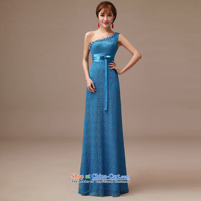 2015 new blue shoulder bride bows services lace long evening dress wedding dresses bride toasting champagne blue?XL