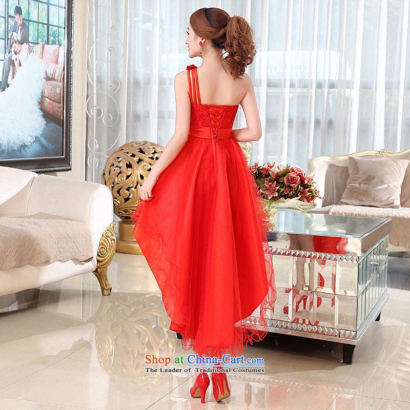 Love of the overcharged by 2015 new bridesmaid to lace evening banquet wedding dress red bows to Korean shoulder Sau San video thin bon bon skirt red S love of the overcharged shopping on the Internet has been pressed.
