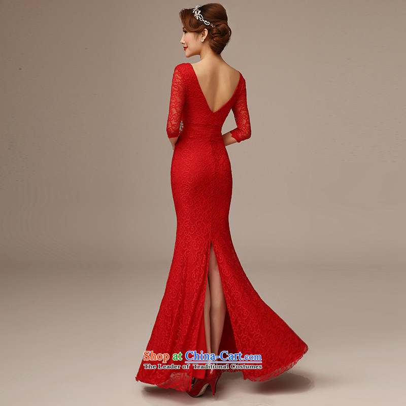 Clean the new trendy 2015 diffuse deep V-Neck long-sleeved crowsfoot dress Sau San red lace long marriages bows service long red S, plumbing, , , , shopping on the Internet
